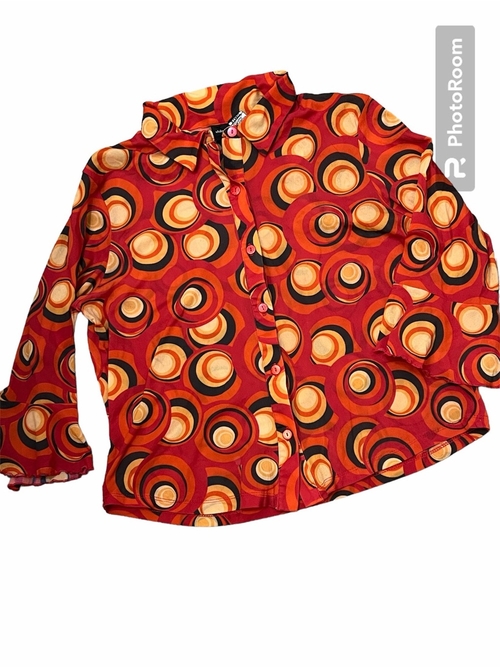 Xhilaration Blouse Button-Up Retro Circle Print Shirt - Red, Orange, Yellow
